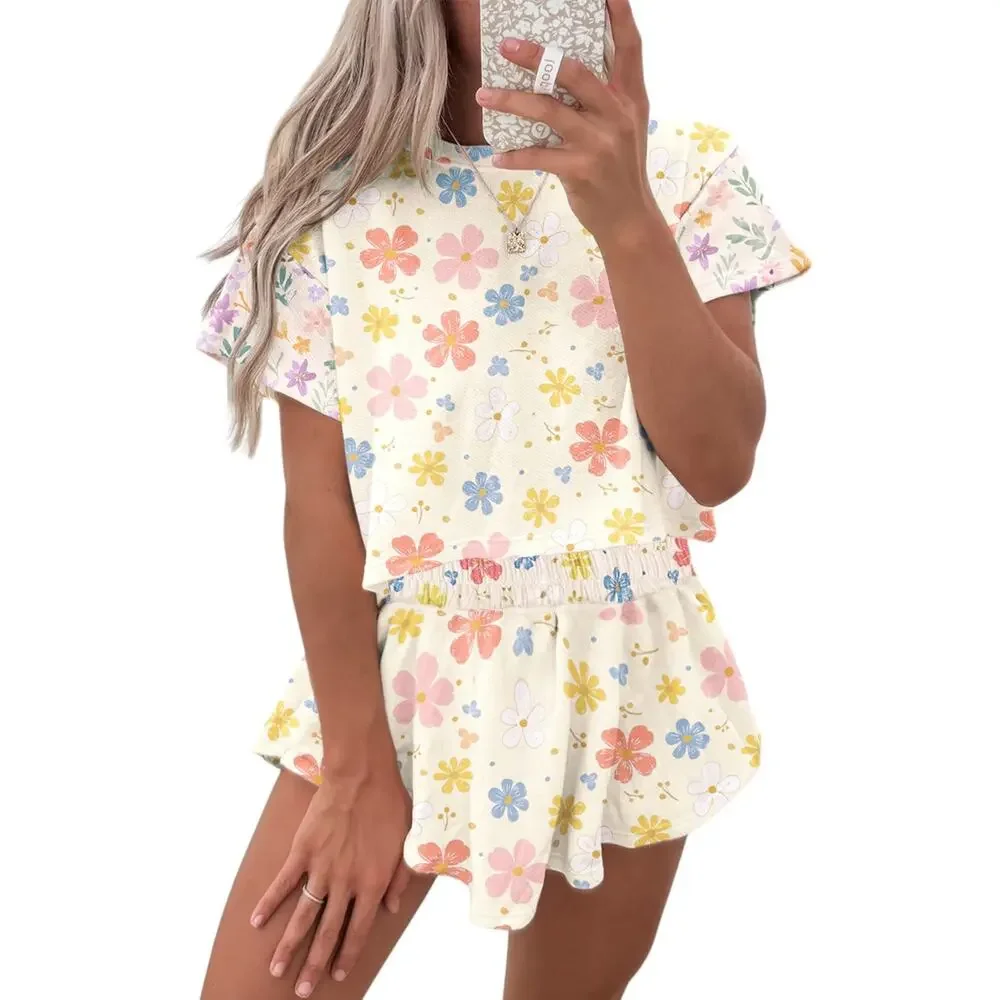 Floral Print Crop Top Wide Leg Short Set New Sizes S M L XL